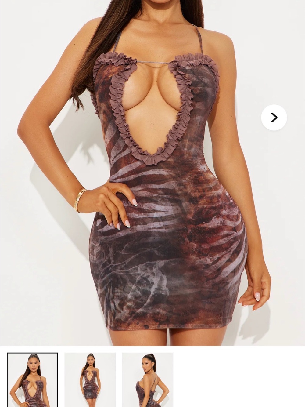 Ruffled Deep-V Bodycon Mini Dress in Brown Tie-Dye
